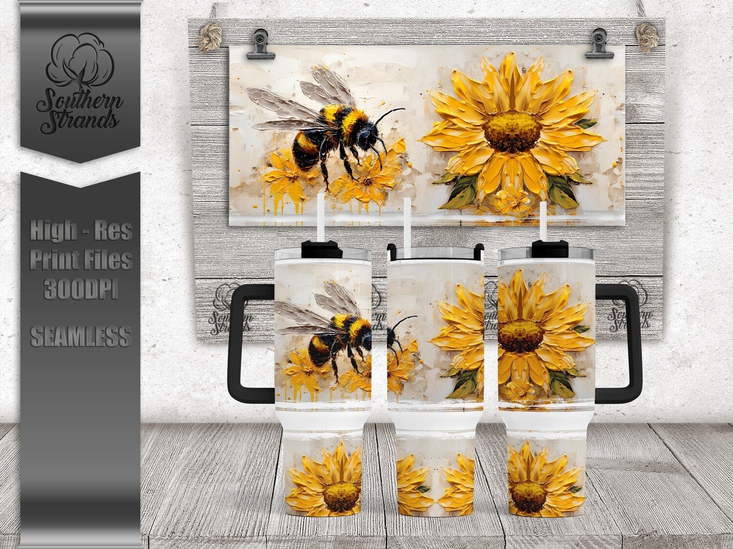 3D Painted Bees and Flowers 40oz Tumbler | SEAMLESS |  DIGITAL DESIGN