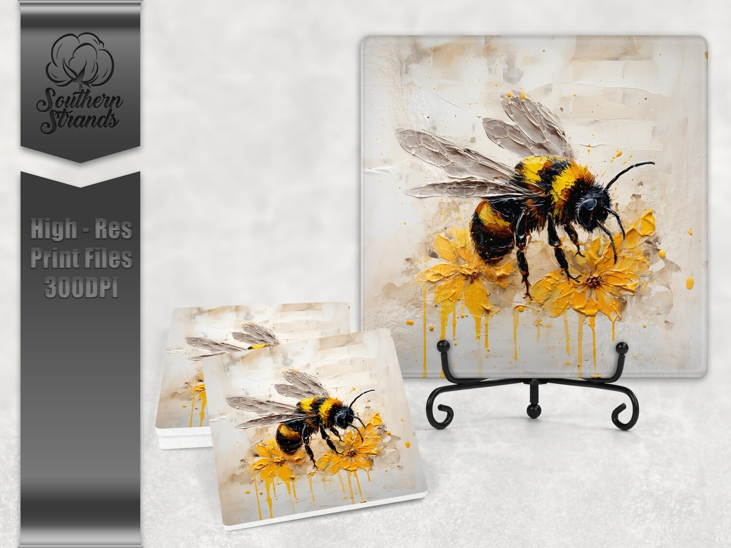 3D Painted Bees and Flowers 2 - Works with Square and Round | Digital Download