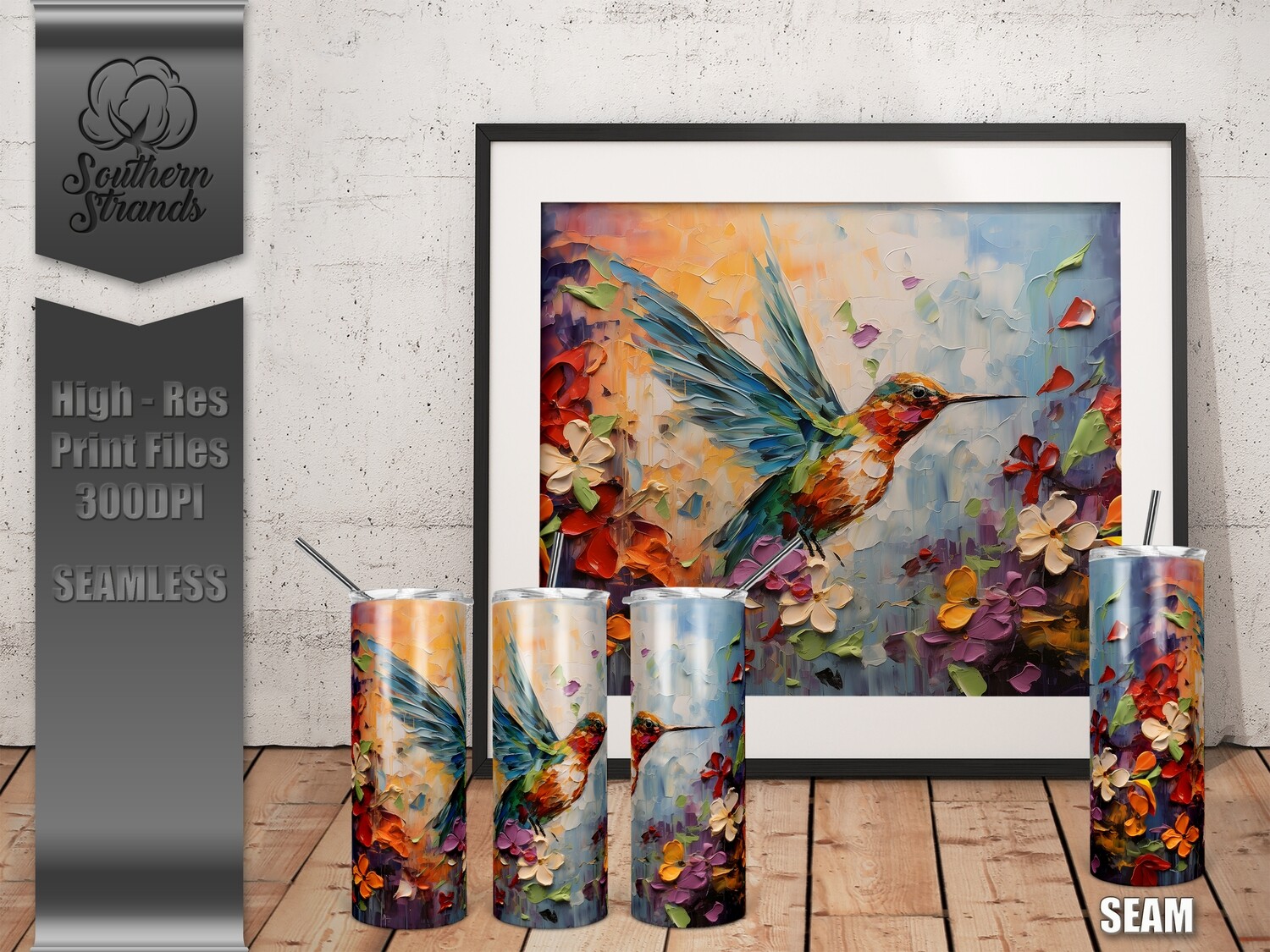 3D Painted Hummingbird and Flowers Tumbler 20oz | SEAMLESS |  DIGITAL DESIGN