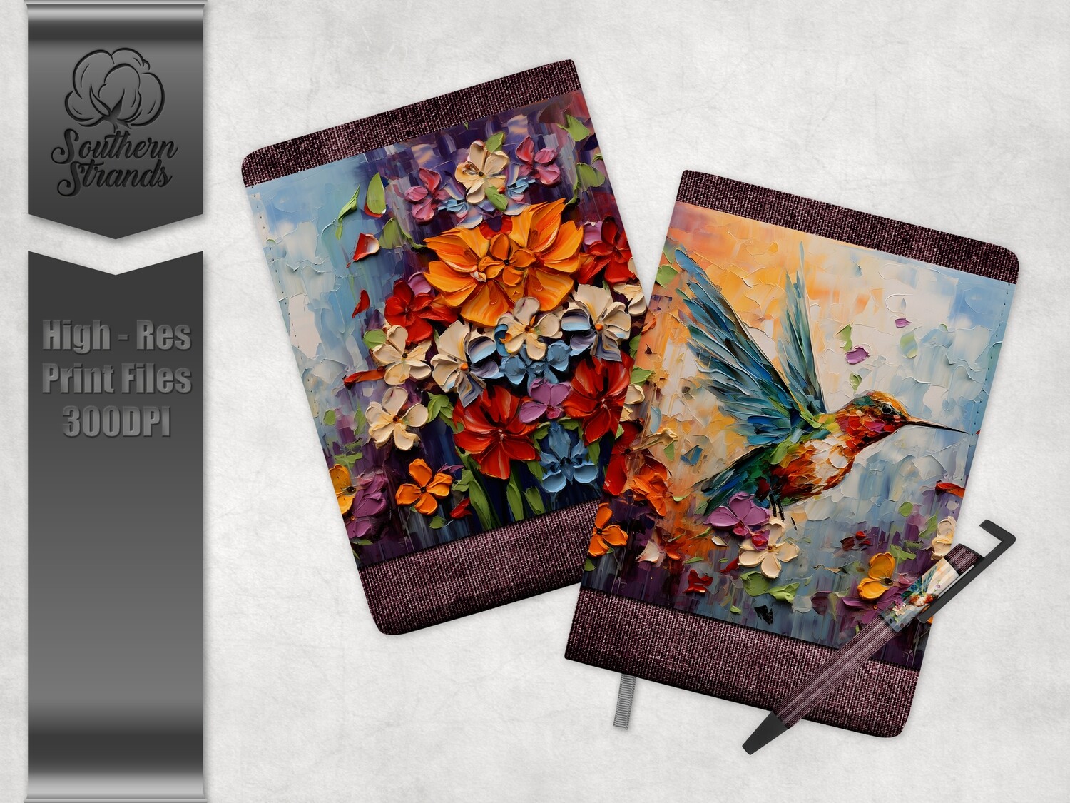 3D Painted Hummingbird and Flowers - Journal and Pen Set | 3 Sizes |  DIGITAL DESIGN
