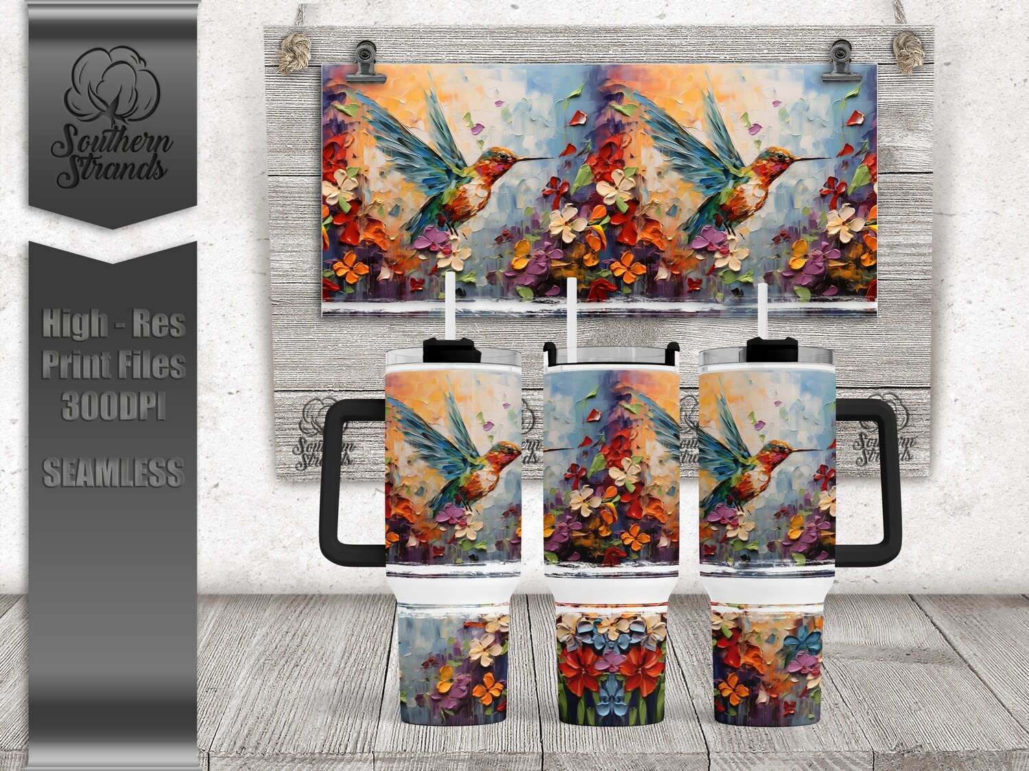 3D Painted Hummingbirds and Flowers 40oz Tumbler | SEAMLESS |  DIGITAL DESIGN