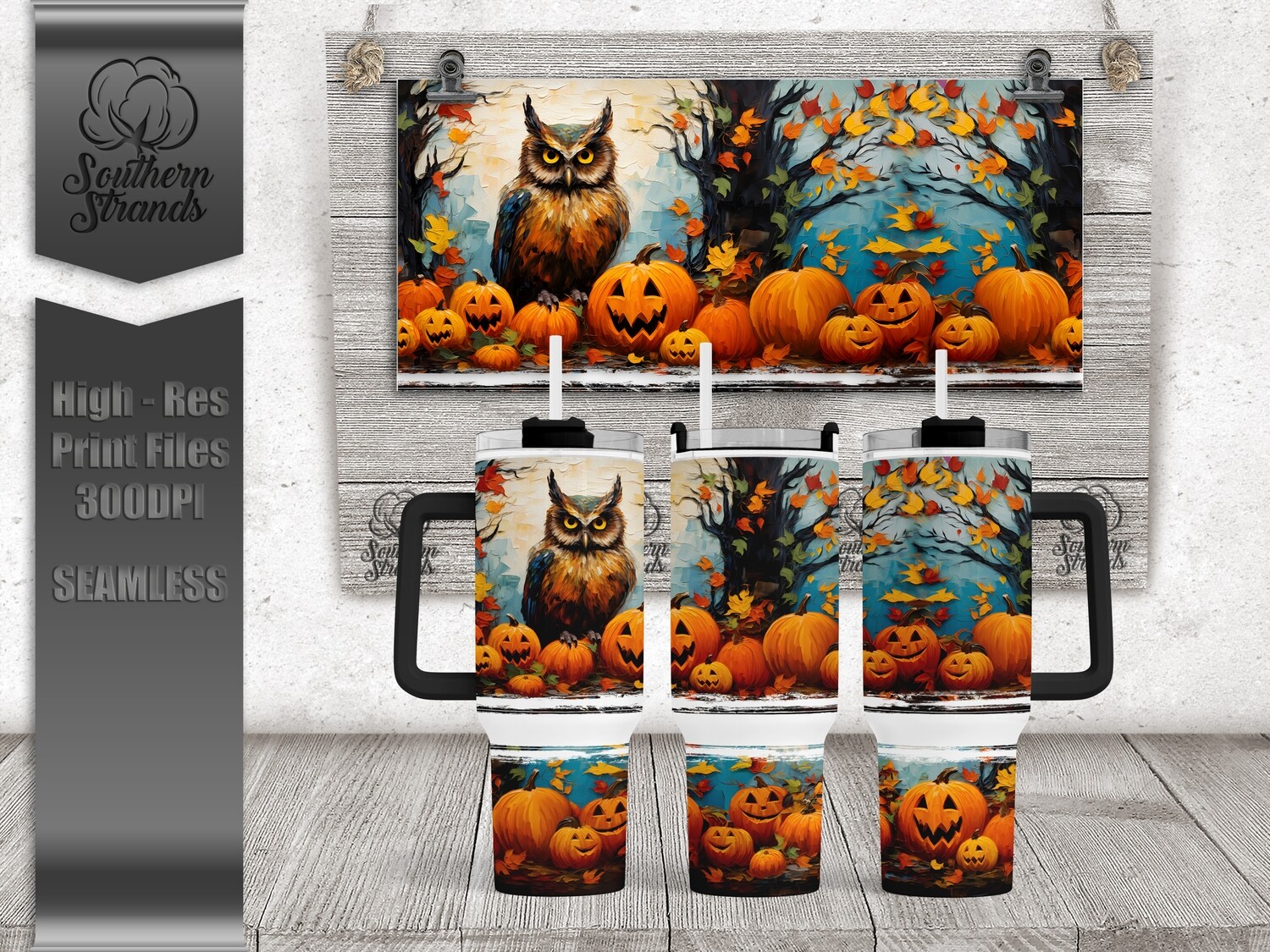 Fall Owl and Jack-O-Lantern 40oz Tumbler | SEAMLESS |  DIGITAL DESIGN
