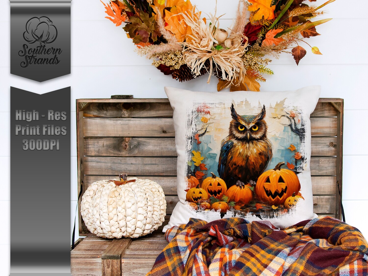 Fall Owl and Jack-O-Lantern Textured - 12x12 |  DIGITAL DESIGN