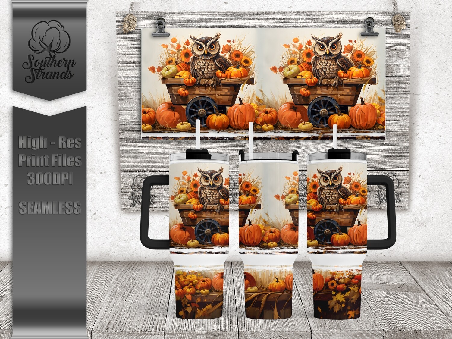 Watercolor Painted Owl in a Wheelbarrow - 40oz Tumbler | SEAMLESS |  DIGITAL DESIGN
