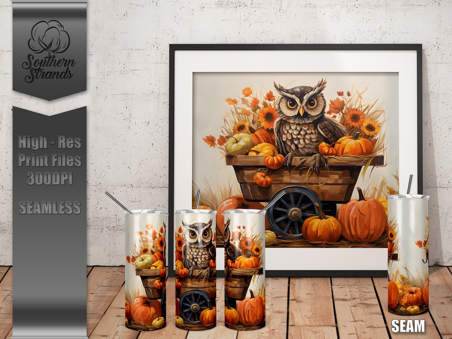 Watercolor Painted Owl in a Wheelbarrow - Tumbler 20oz | SEAMLESS |  DIGITAL DESIGN