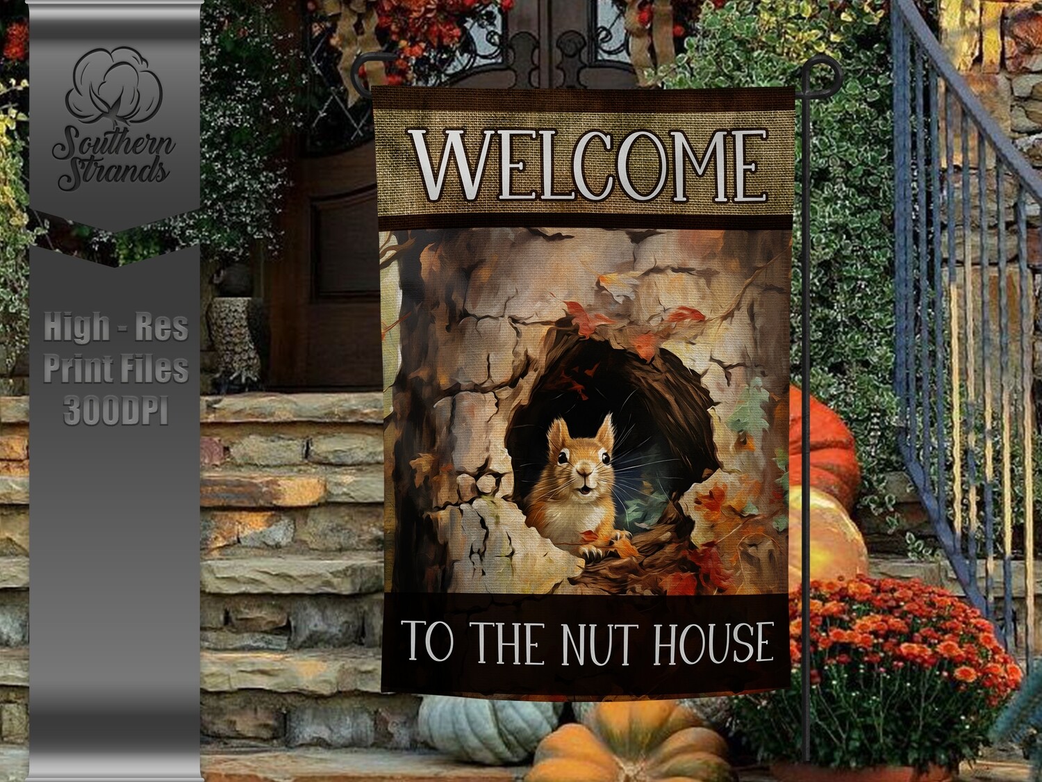 Painted Knothole Squirrel Garden Flag - NUT HOUSE |  DIGITAL DESIGN