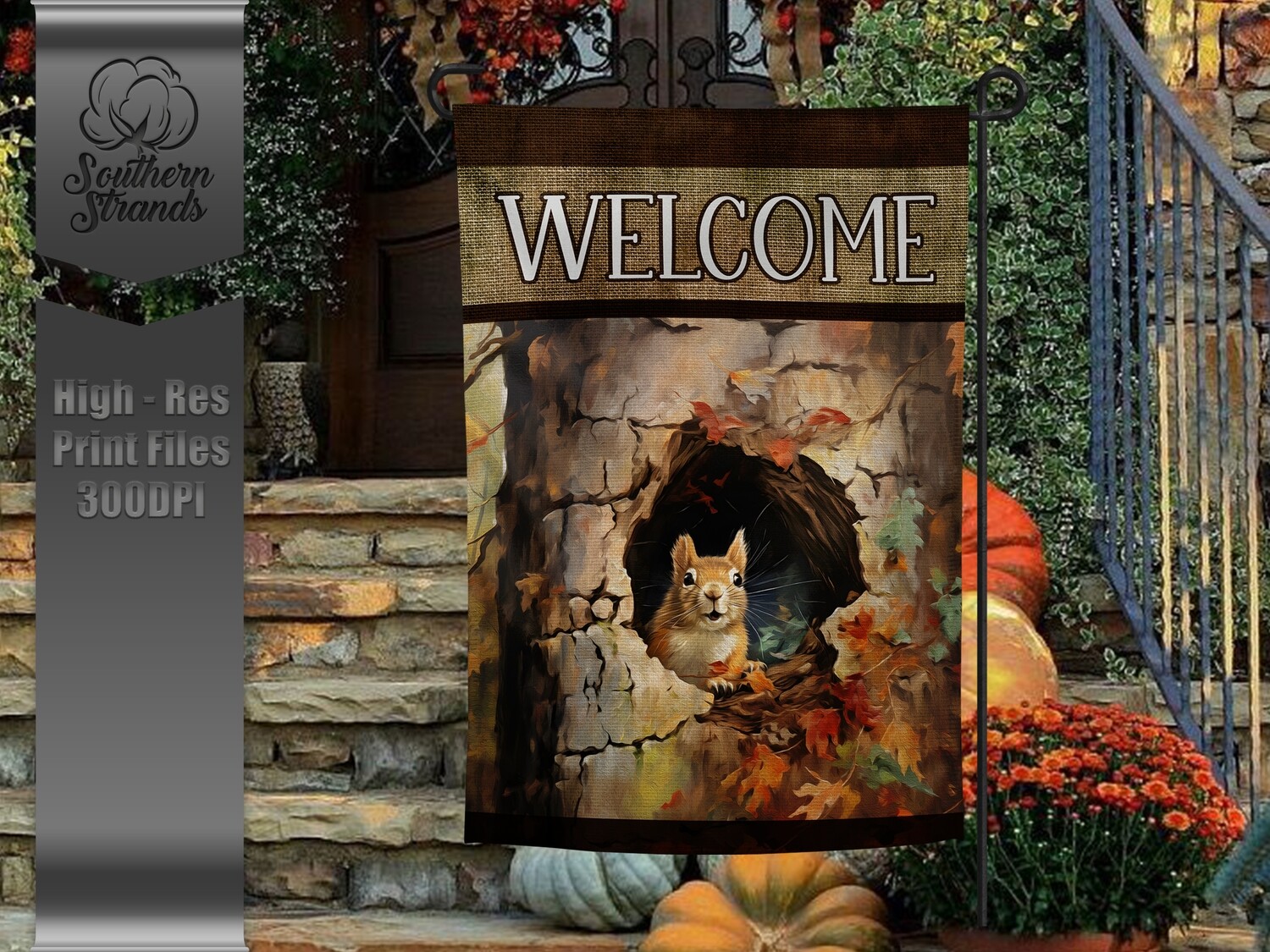 Painted Knothole Squirrel Garden Flag - WELCOME |  DIGITAL DESIGN