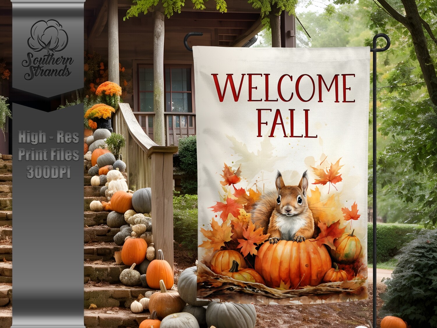 Watercolor Pumpkins and Squirrels Garden Flag -12x18 - Welcome Fall |  DIGITAL DESIGN