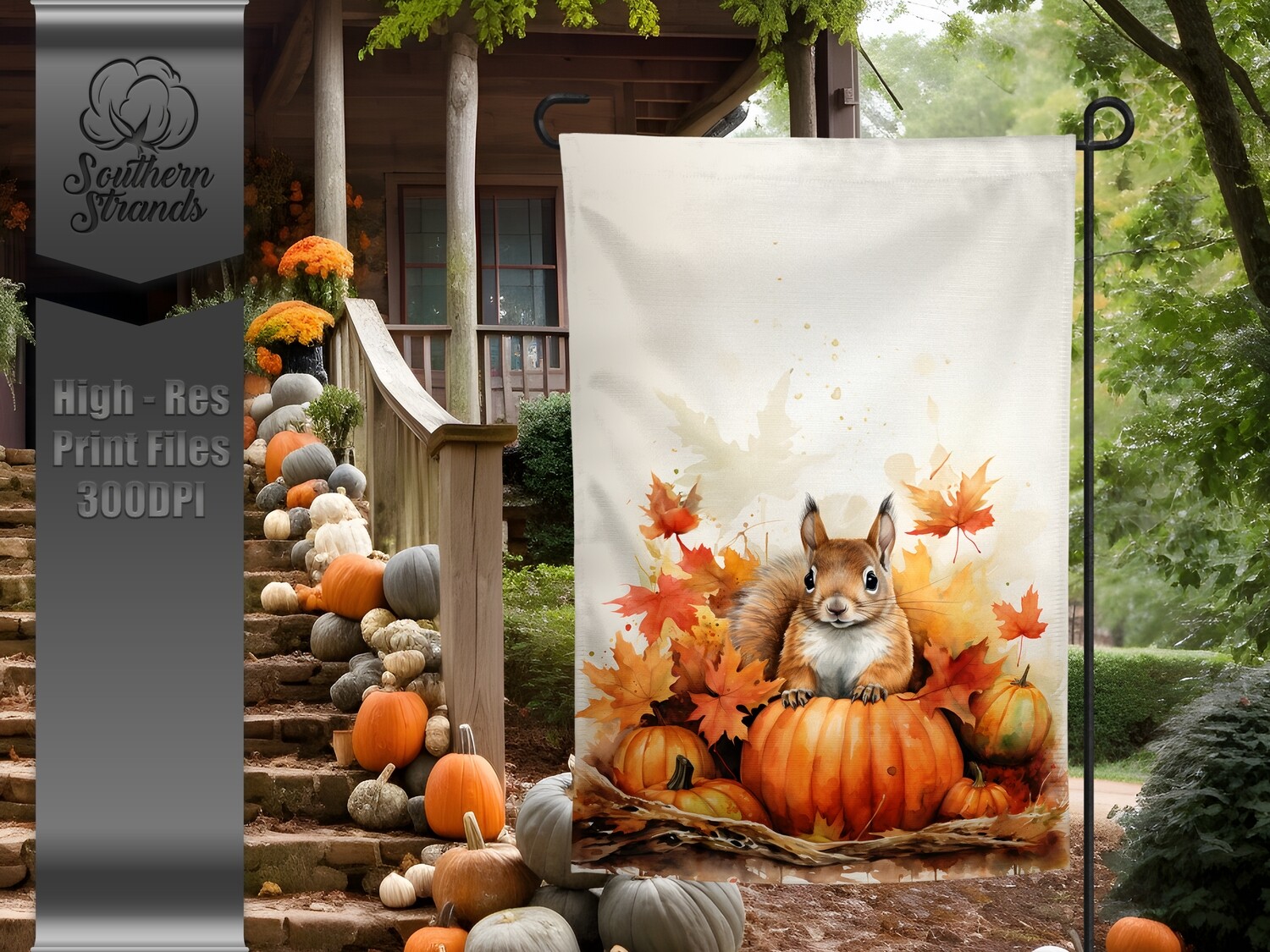 Watercolor Pumpkins and Squirrels Garden Flag -12x18 - No Text |  DIGITAL DESIGN