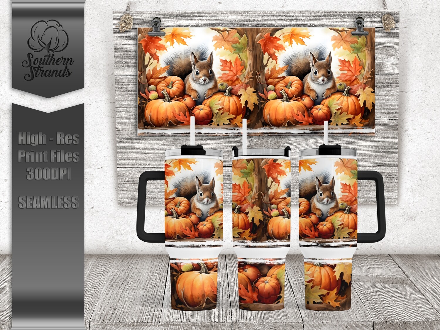 Watercolor Pumpkins and Squirrels - 40oz Tumbler | SEAMLESS |  DIGITAL DESIGN