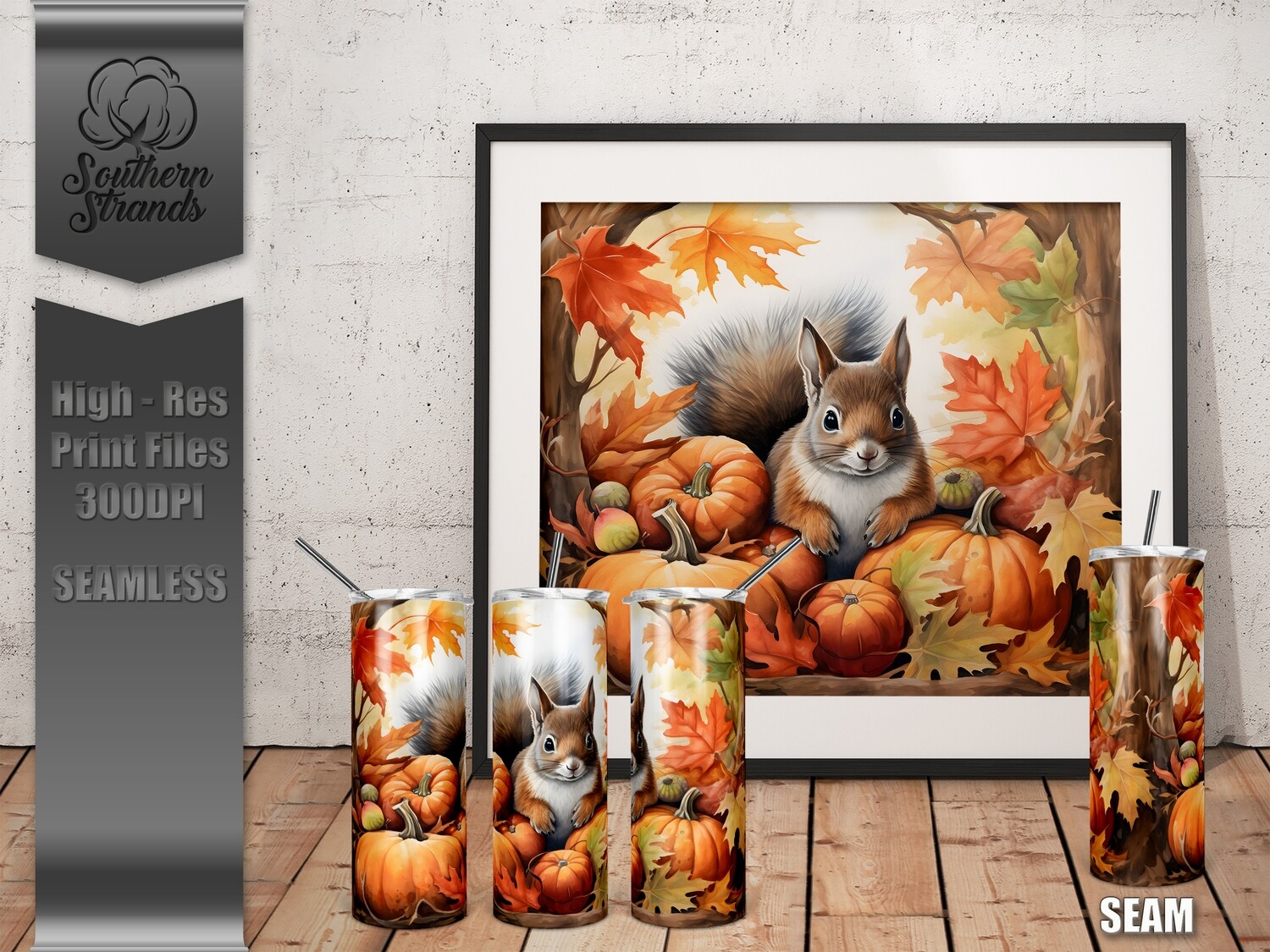 Watercolor Pumpkins and Squirrels 20oz Tumbler | SEAMLESS |  DIGITAL DESIGN