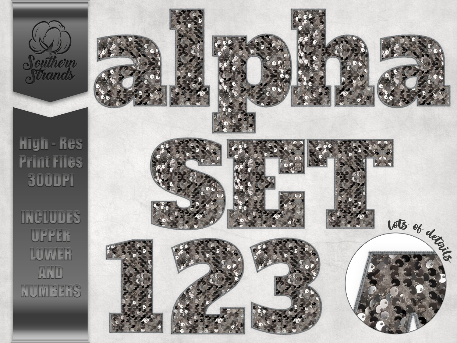 Grey Sequins Sport Alphas and Numbers  |  DIGITAL DESIGN