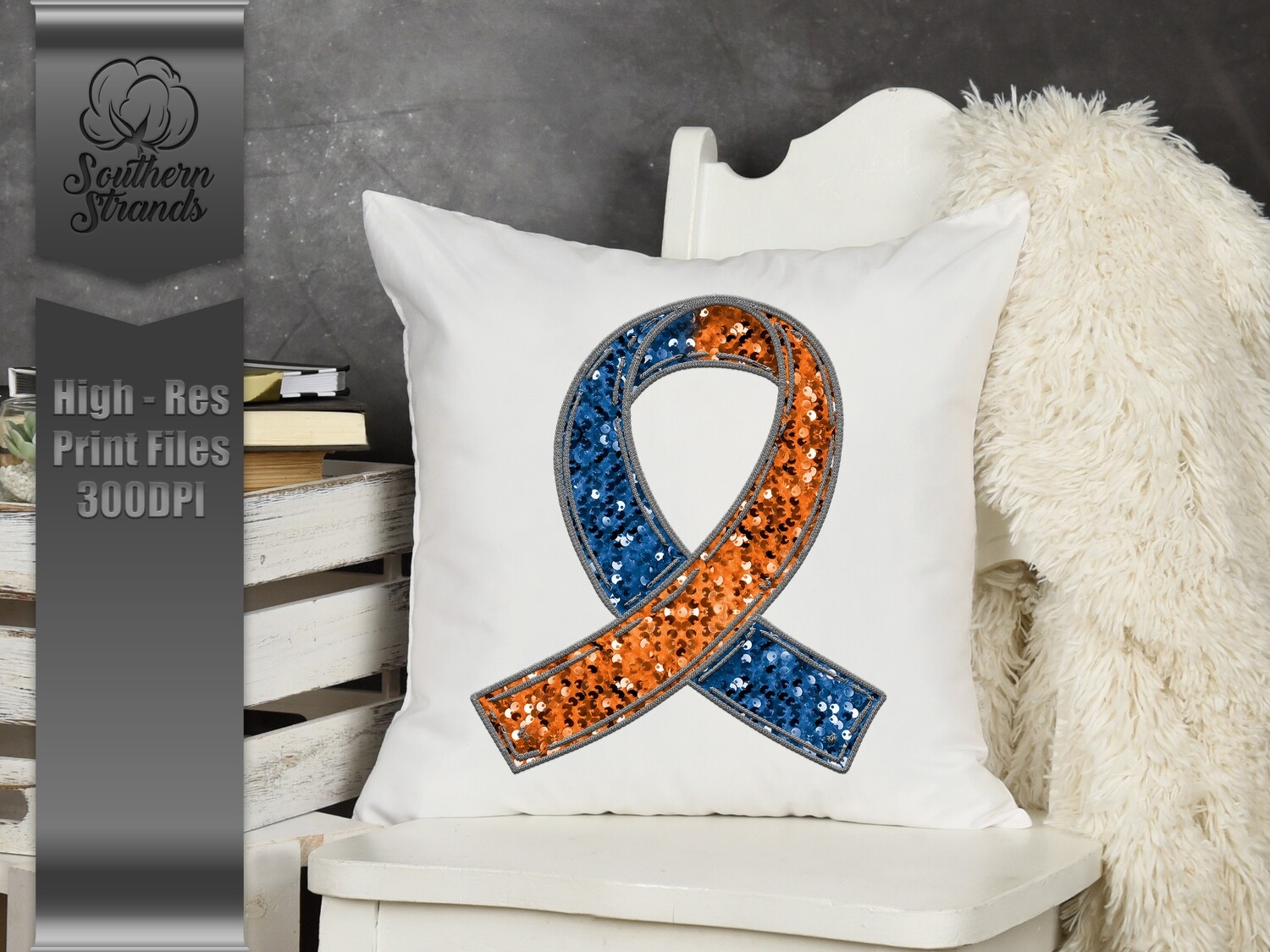 Sequins and Stitches Awareness Ribbon - Blue and Orange | DIGITAL DESIGN