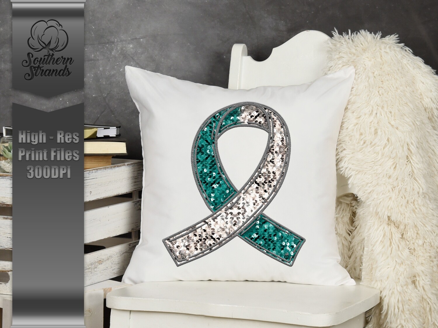 Sequins and Stitches Awareness Ribbon - Teal &amp; White | DIGITAL DESIGN