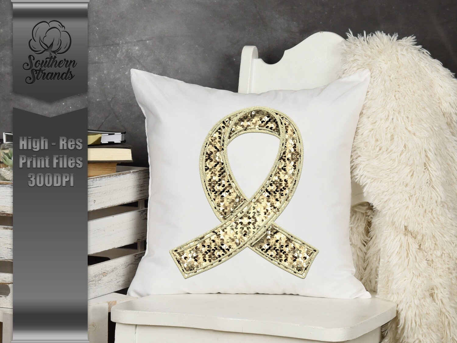 Sequins and Stitches Awareness Ribbon - Cream | DIGITAL DESIGN