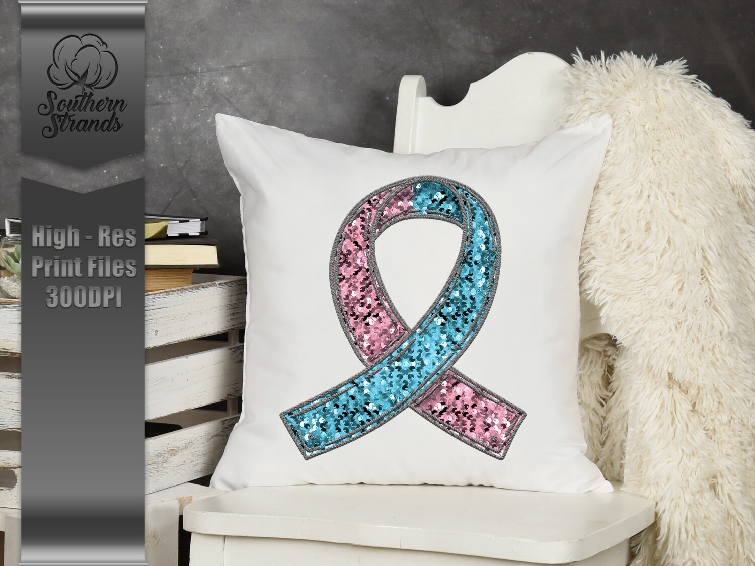 Sequins and Stitches Awareness Ribbon - Pink &amp; Light Blue | DIGITAL DESIGN