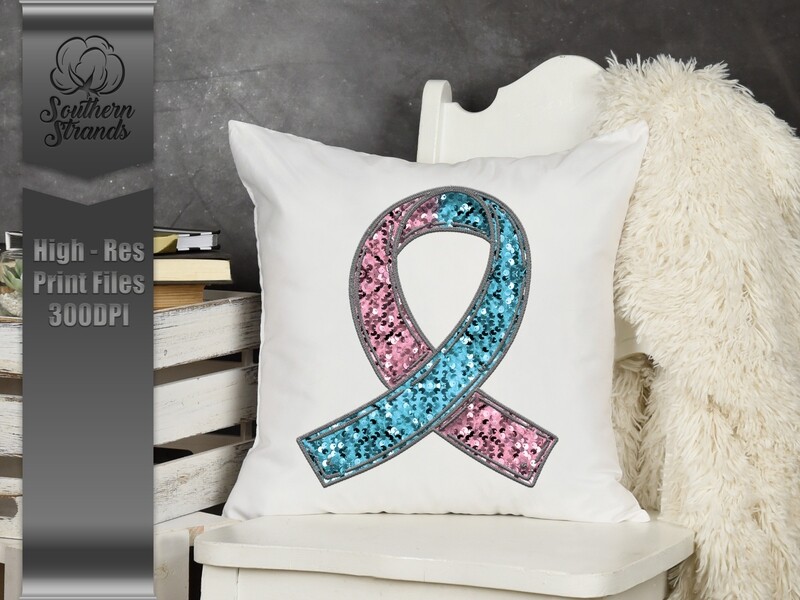 Sequins and Stitches Awareness Ribbon - Pink &amp; Light Blue | DIGITAL DESIGN