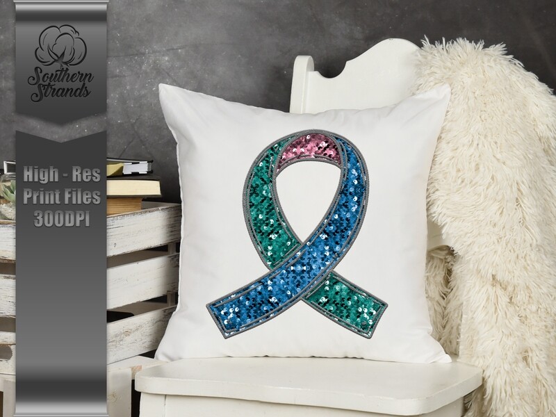 Sequins and Stitches Awareness Ribbon - Pink, Blue &amp; Teal | DIGITAL DESIGN