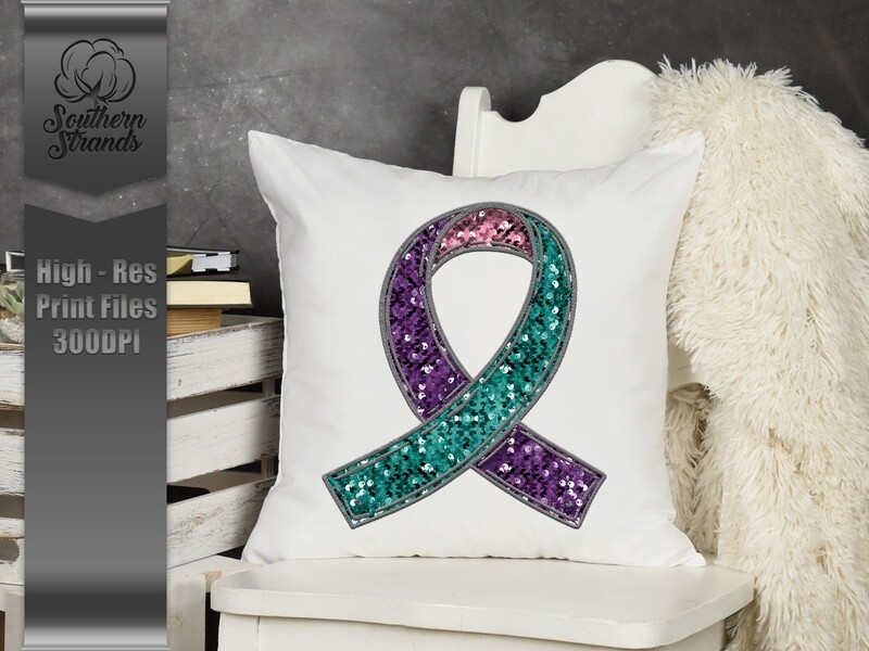 Sequins and Stitches Awareness Ribbon - Pink, Purple &amp; Teal | DIGITAL DESIGN