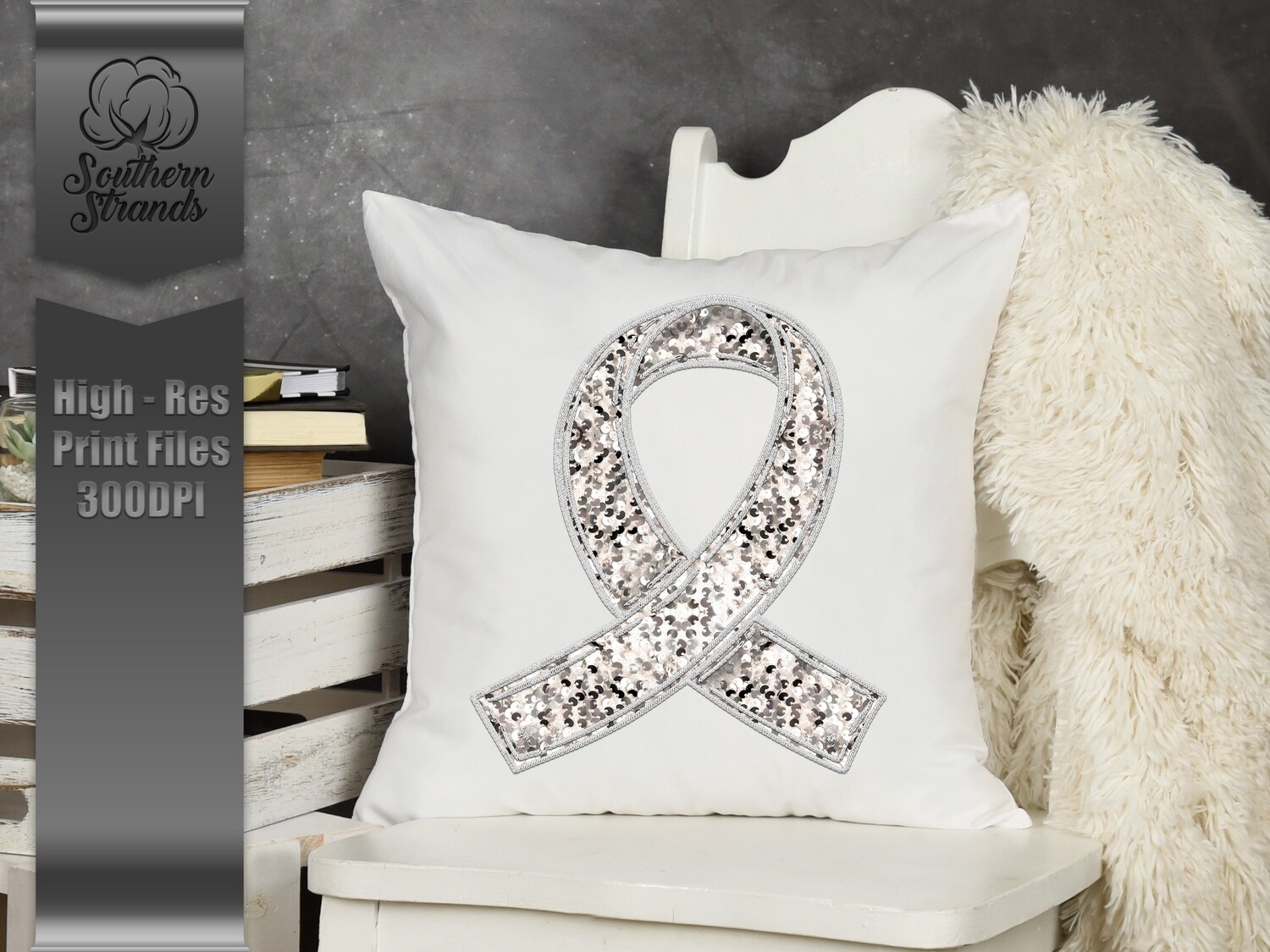 Sequins and Stitches Awareness Ribbon - White | DIGITAL DESIGN