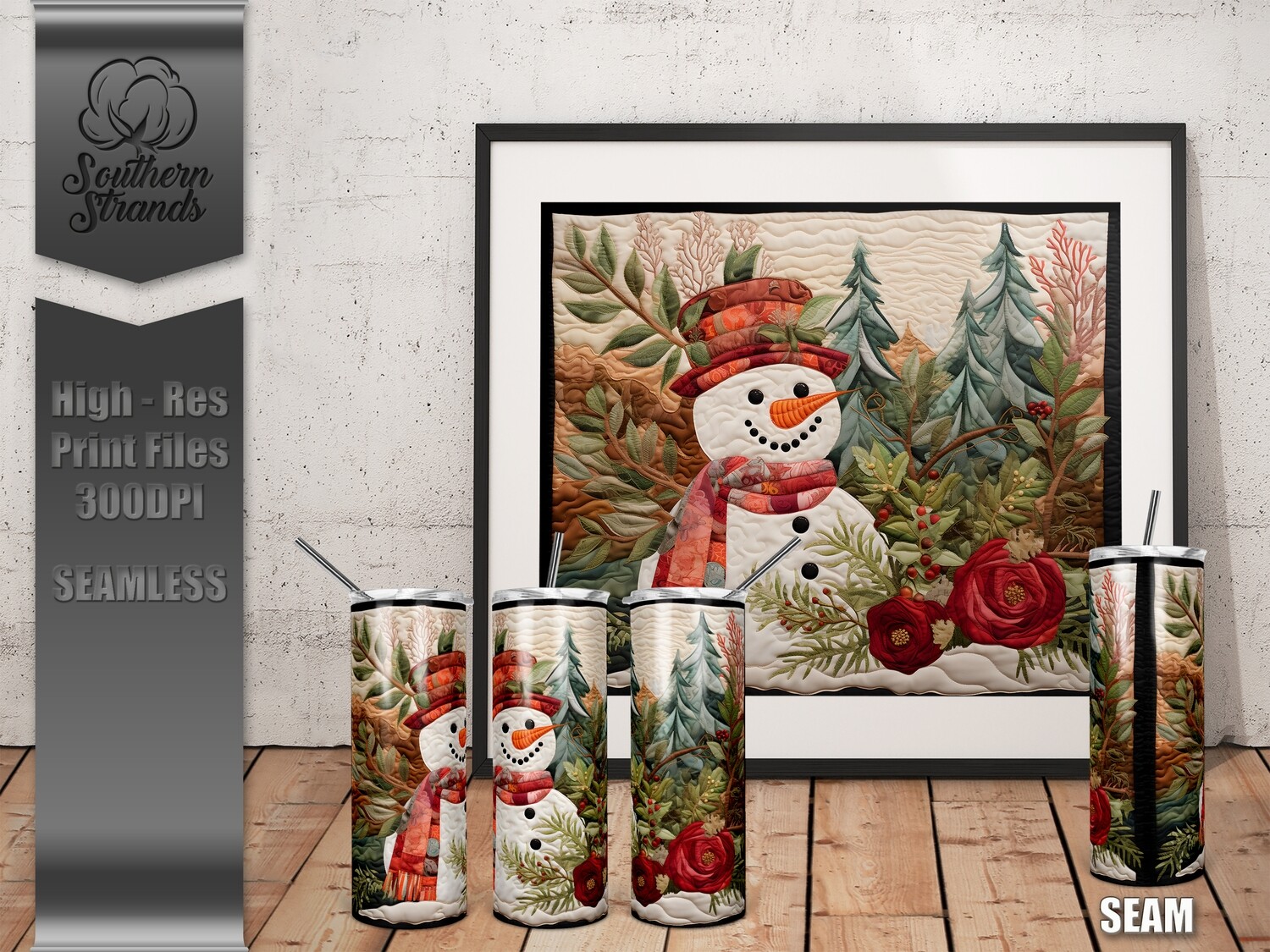 Quilted Snowman 8- 20oz Tumbler | SEAMLESS |  DIGITAL DESIGN