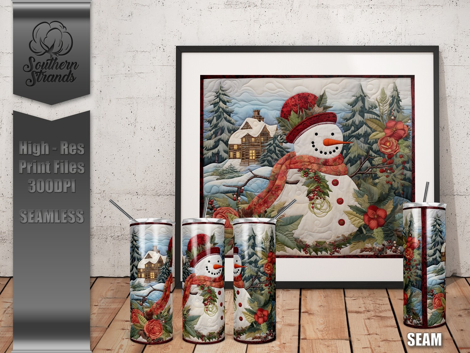 Quilted Snowman 5- 20oz Tumbler | SEAMLESS |  DIGITAL DESIGN