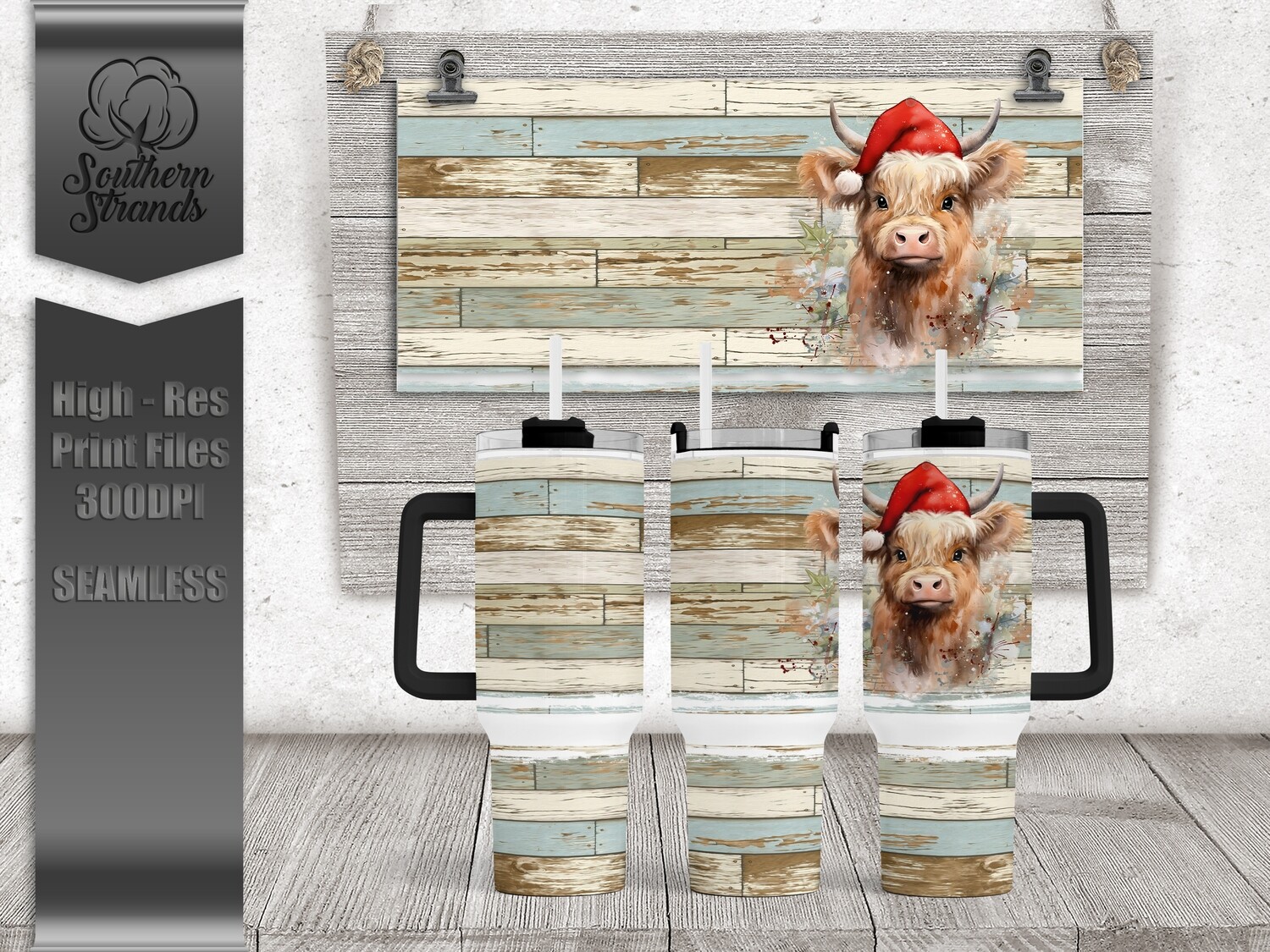 Watercolor Highland Christmas Cow V3 - 40oz Tumbler | SEAMLESS |  DIGITAL DESIGN