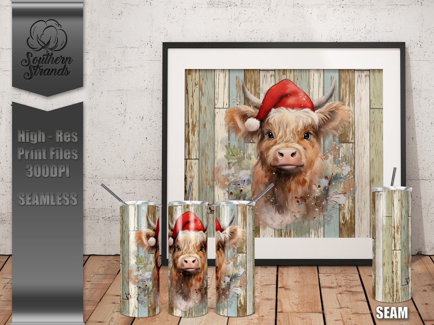 Watercolor Highland Christmas Cow 20oz Tumbler | SEAMLESS |  DIGITAL DESIGN