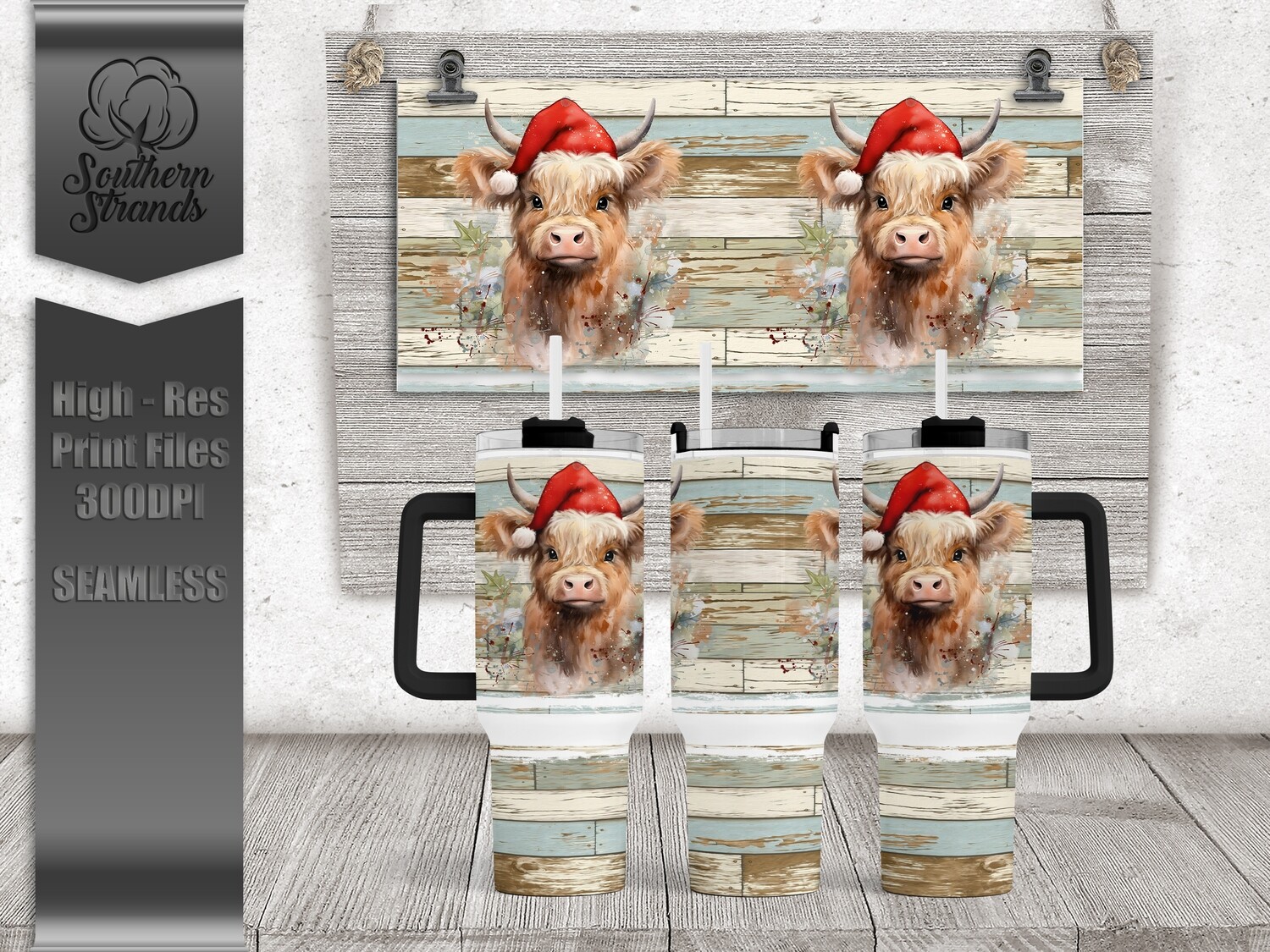 Watercolor Highland Christmas Cow V1 - 40oz Tumbler | SEAMLESS |  DIGITAL DESIGN