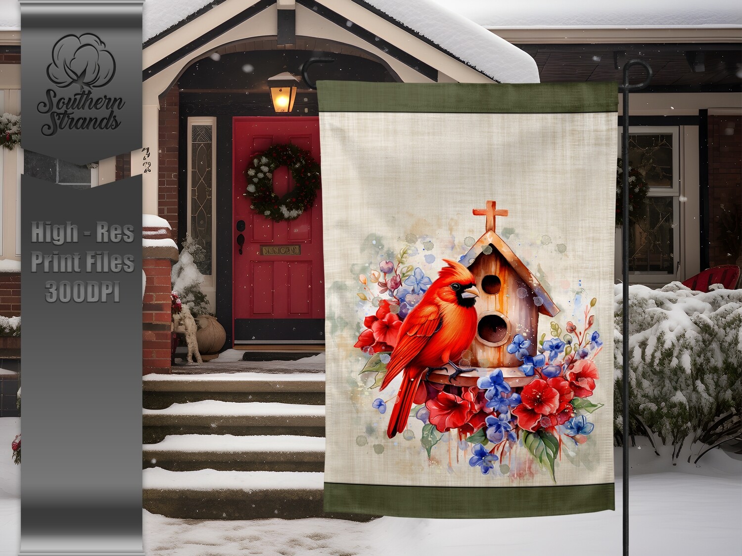 Red Bird Watercolor Birdhouse Garden Flag -12x18 |  DIGITAL DESIGN
