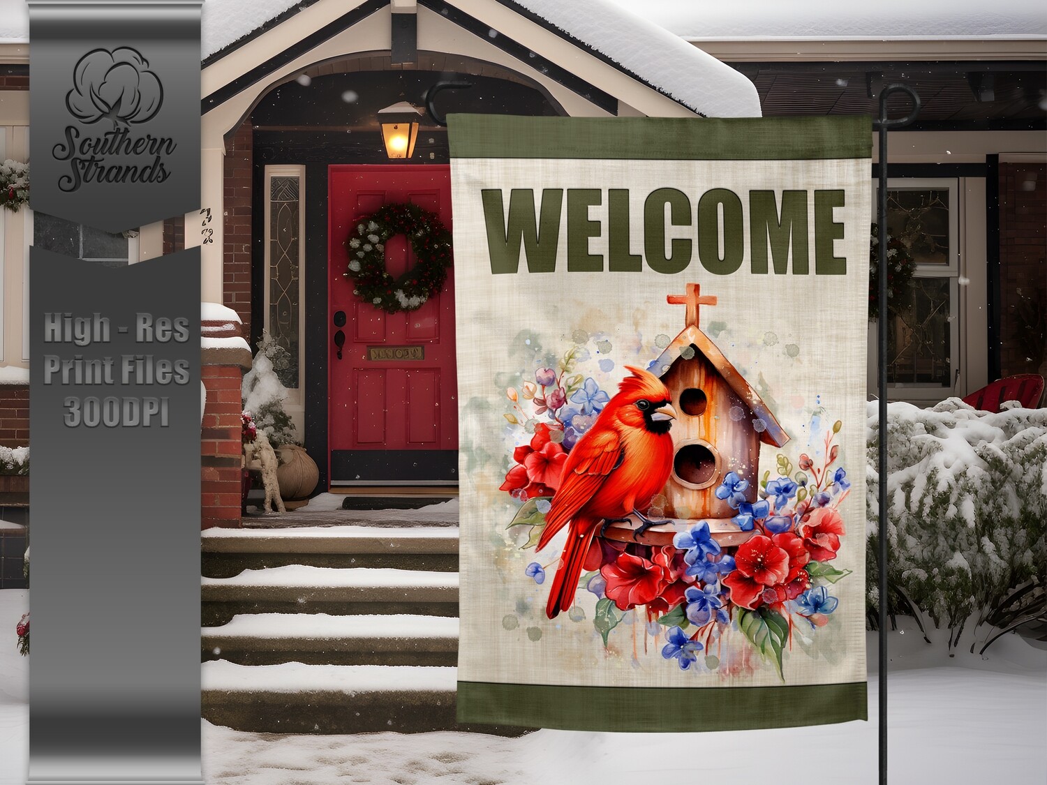 Red Bird Watercolor Birdhouse Garden Flag -12x18 - WELCOME |  DIGITAL DESIGN