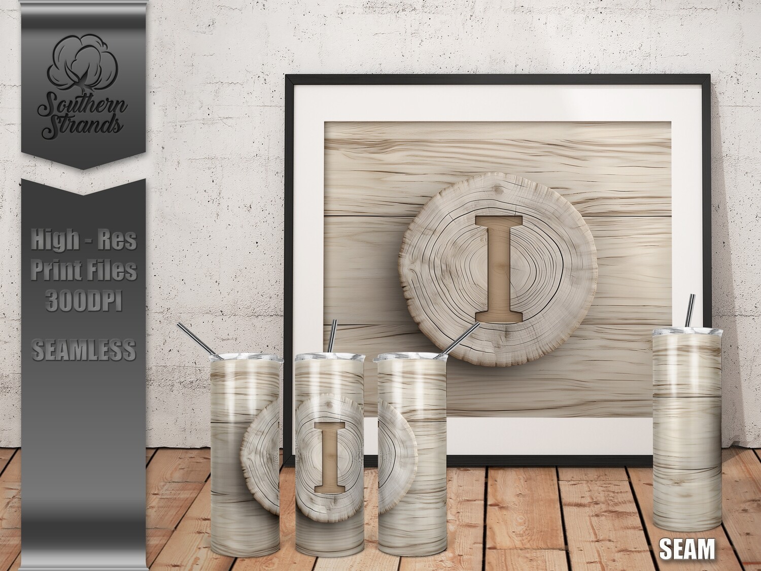 White Washed Wood Slab Monogrammed 20oz Tumbler - I | SEAMLESS |  DIGITAL DESIGN