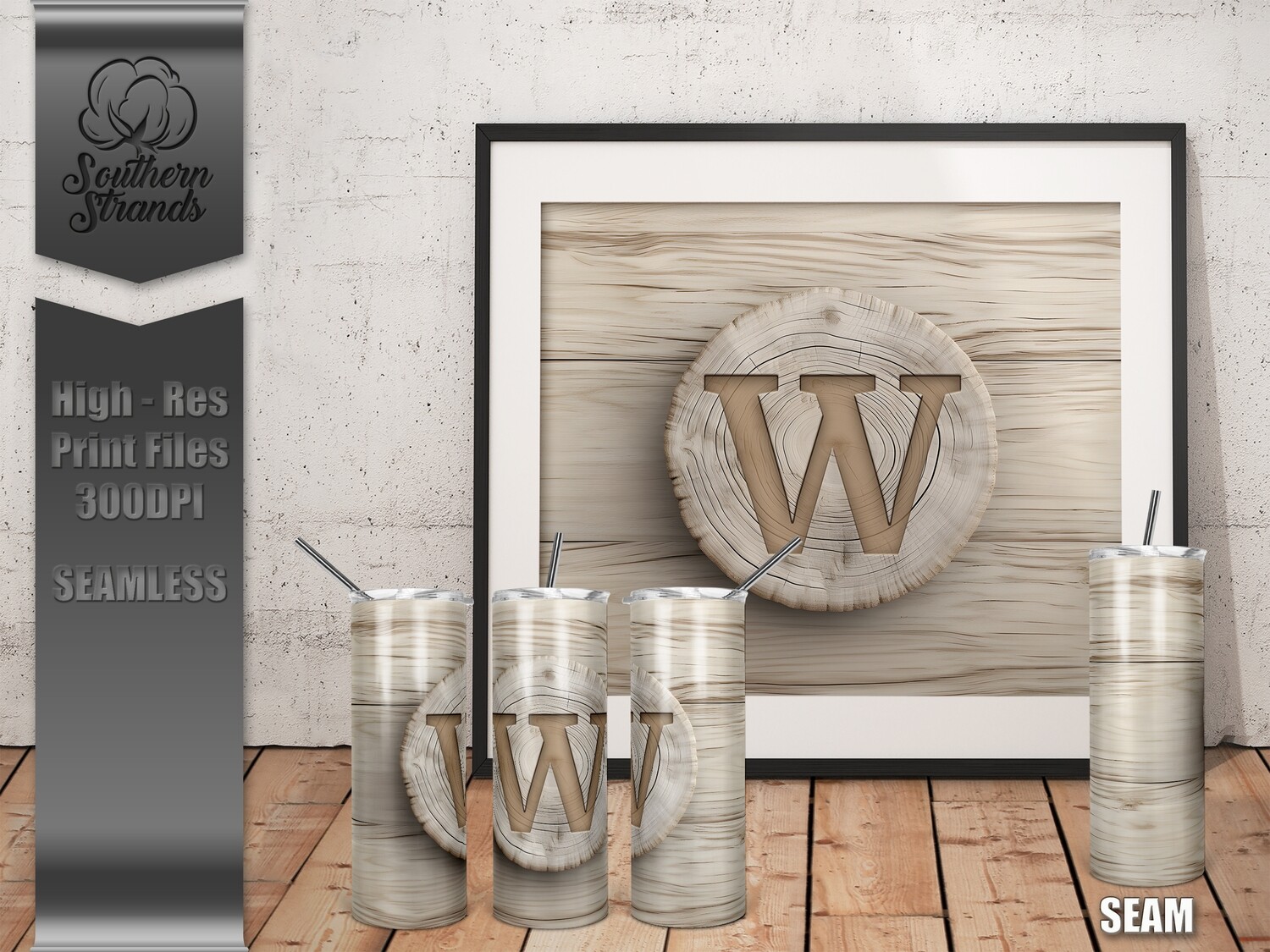 White Washed Wood Slab Monogrammed 20oz Tumbler - W | SEAMLESS |  DIGITAL DESIGN