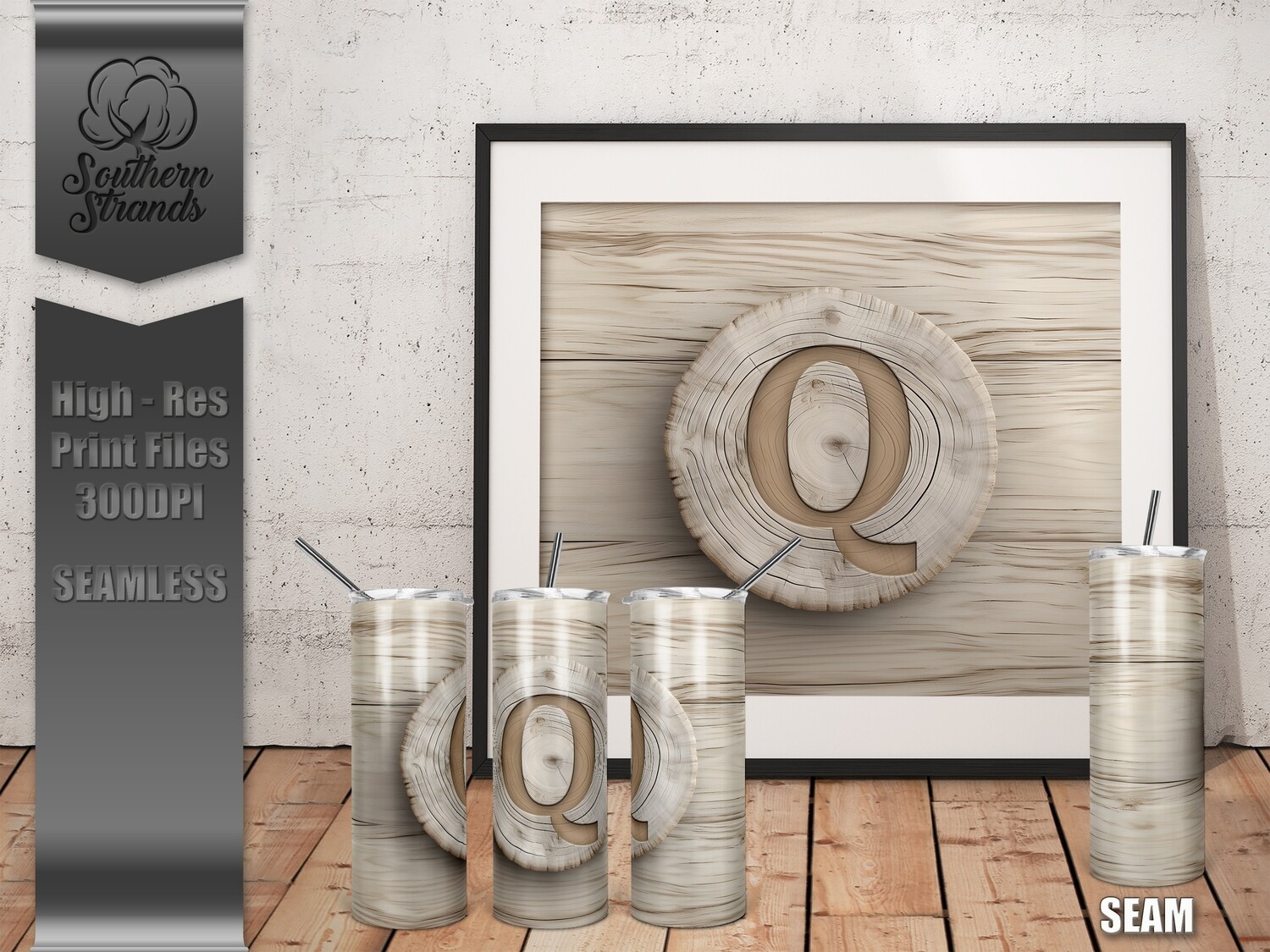 White Washed Wood Slab Monogrammed 20oz Tumbler - Q | SEAMLESS |  DIGITAL DESIGN