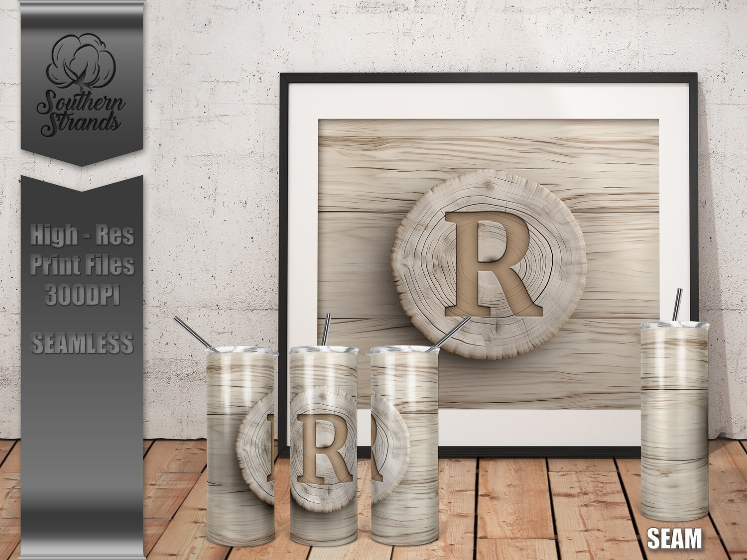 White Washed Wood Slab Monogrammed 20oz Tumbler - R | SEAMLESS |  DIGITAL DESIGN