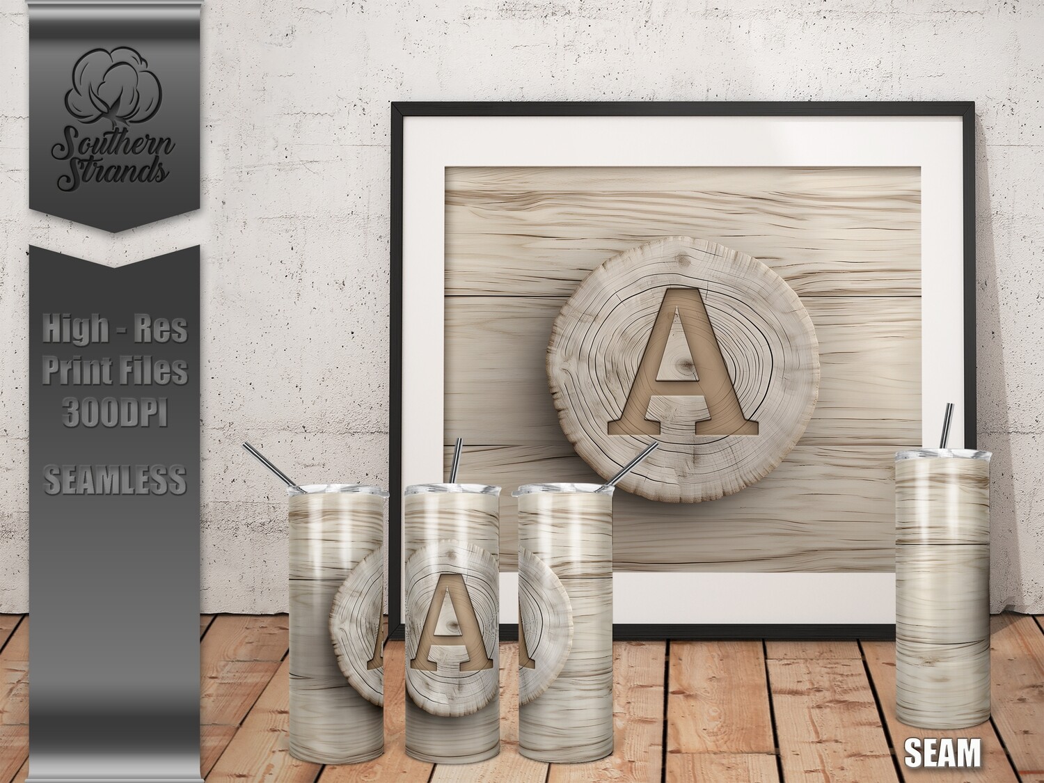 COLLECTION - White Washed Wood Slab Monogrammed 20oz Tumbler - ALL 26 LETTERS | SEAMLESS |  DIGITAL DESIGN