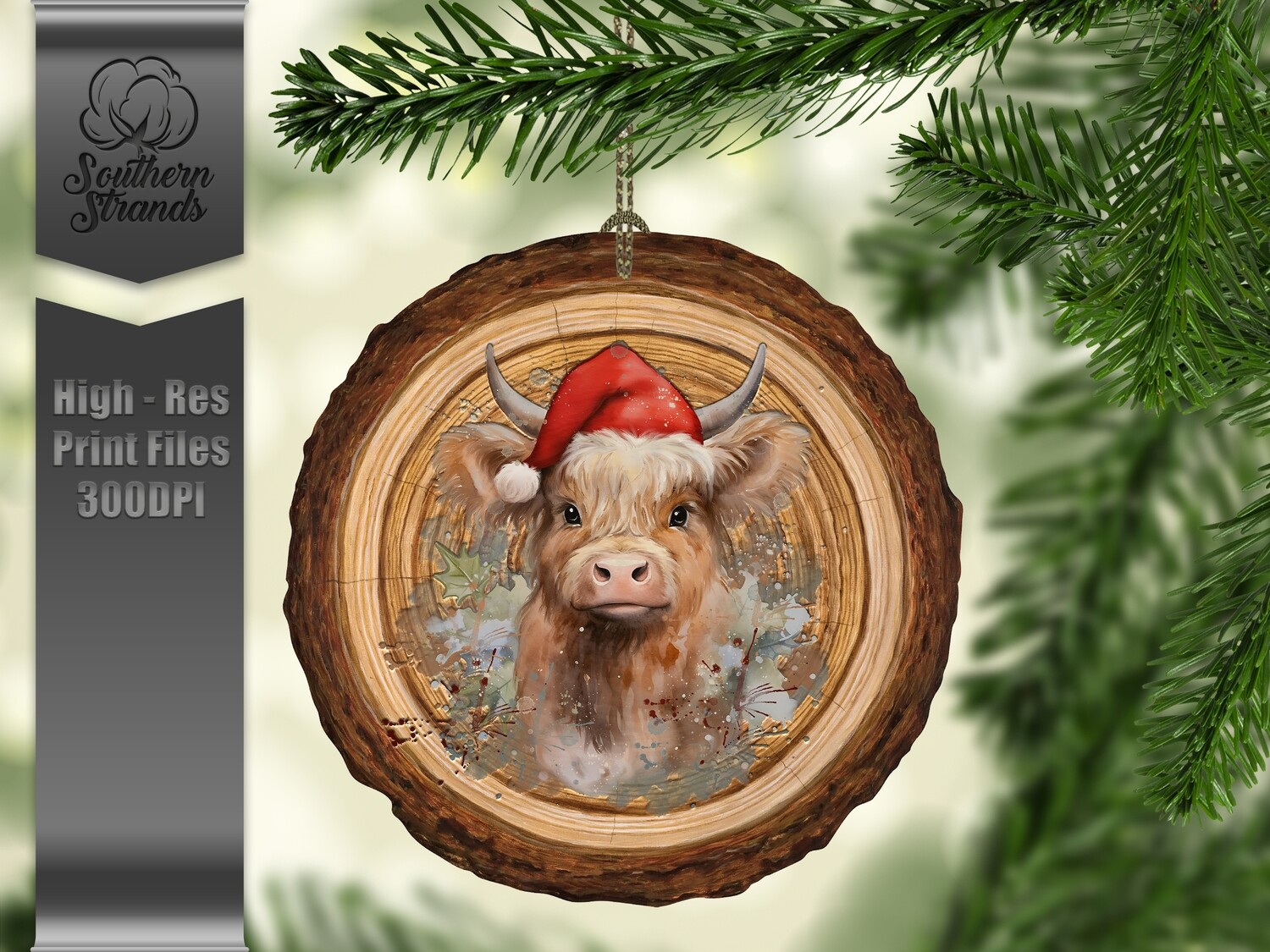 Wood Slice Watercolor Highland Cow Ornament | DIGITAL DESIGN