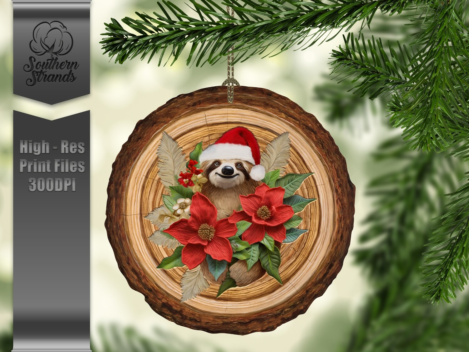Wood Slice Painted Christmas Sloth Ornament | DIGITAL DESIGN