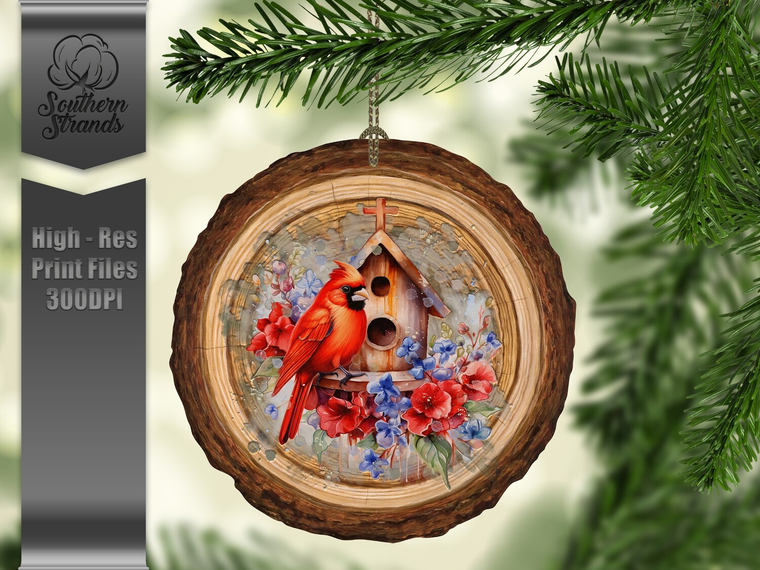 Wood Slice Red Bird Watercolor Birdhouse Ornament | DIGITAL DESIGN
