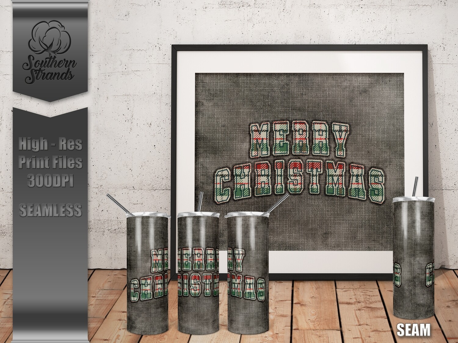 Merry Christmas Simple Plaid Grey Burlap  Tumbler 20oz | SEAMLESS |  DIGITAL DESIGN