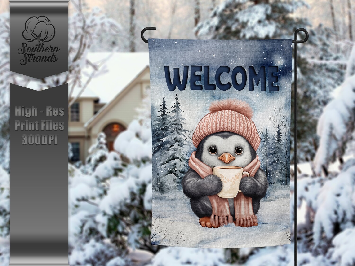 Snowy Garden Flag Penguin - Welcome - 12x18 |  DIGITAL DESIGN