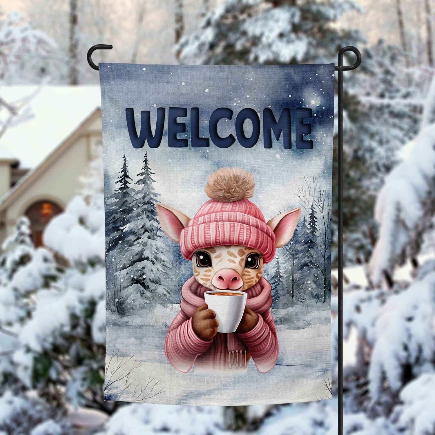 Snowy Garden Flag Giraffe - Welcome - 12x18 |  DIGITAL DESIGN