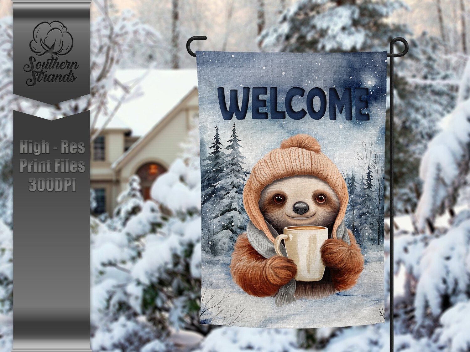 Snowy Garden Flag Sloth - Welcome - 12x18 |  DIGITAL DESIGN
