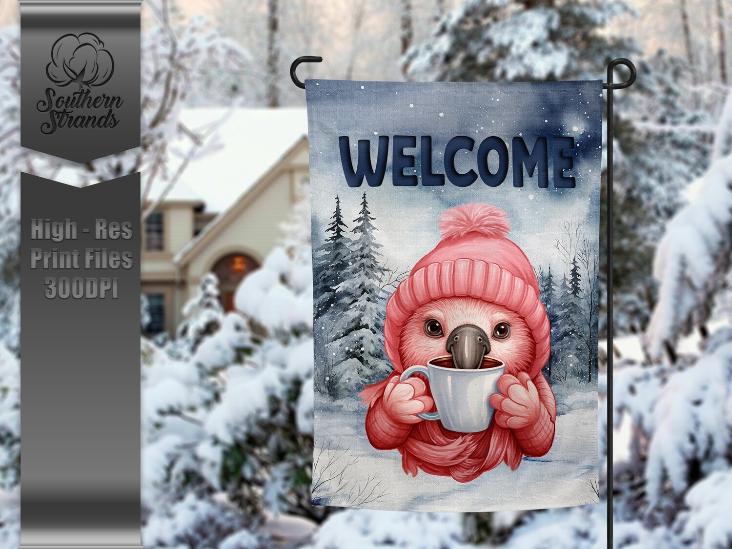 Snowy Garden Flag Flamingo - Welcome - 12x18 |  DIGITAL DESIGN