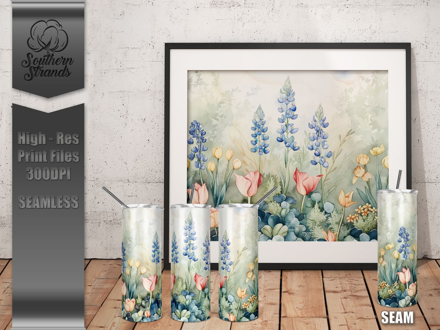 Watercolor Flowers - Blue Bonnets - Tumbler 20oz | SEAMLESS |  DIGITAL DESIGN