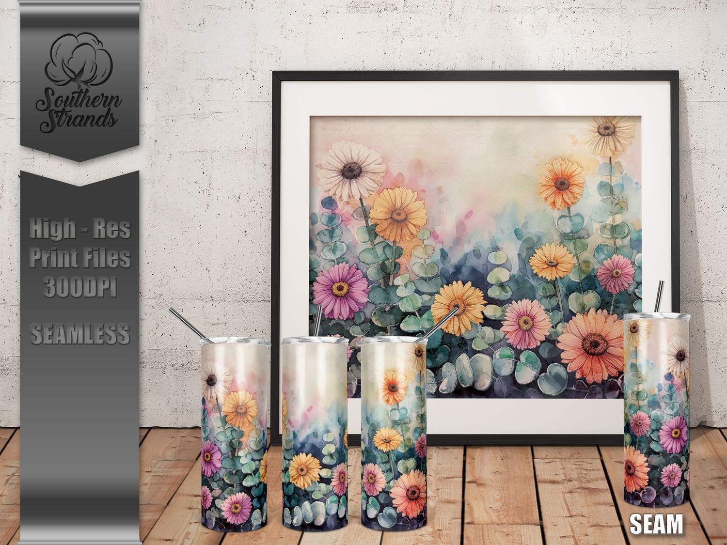 Watercolor Flowers - Daisies - Tumbler 20oz | SEAMLESS |  DIGITAL DESIGN