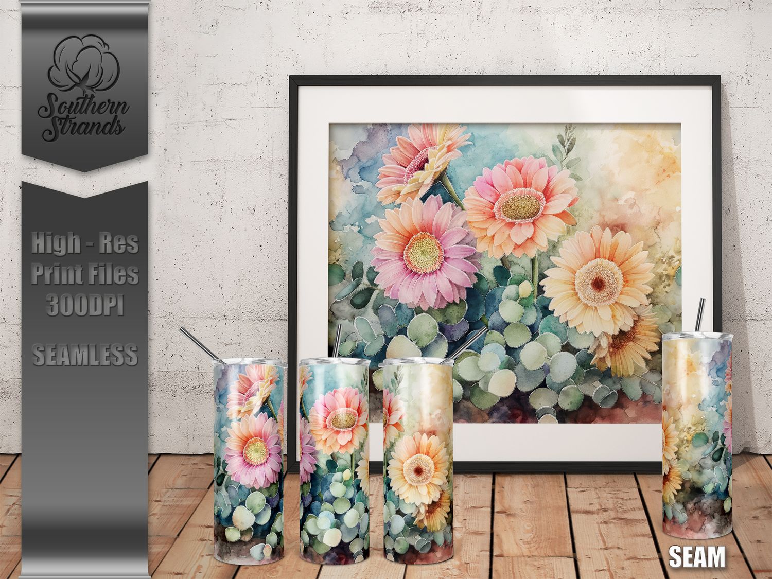 Watercolor Flowers - Gerbera Daisies - Tumbler 20oz | SEAMLESS |  DIGITAL DESIGN