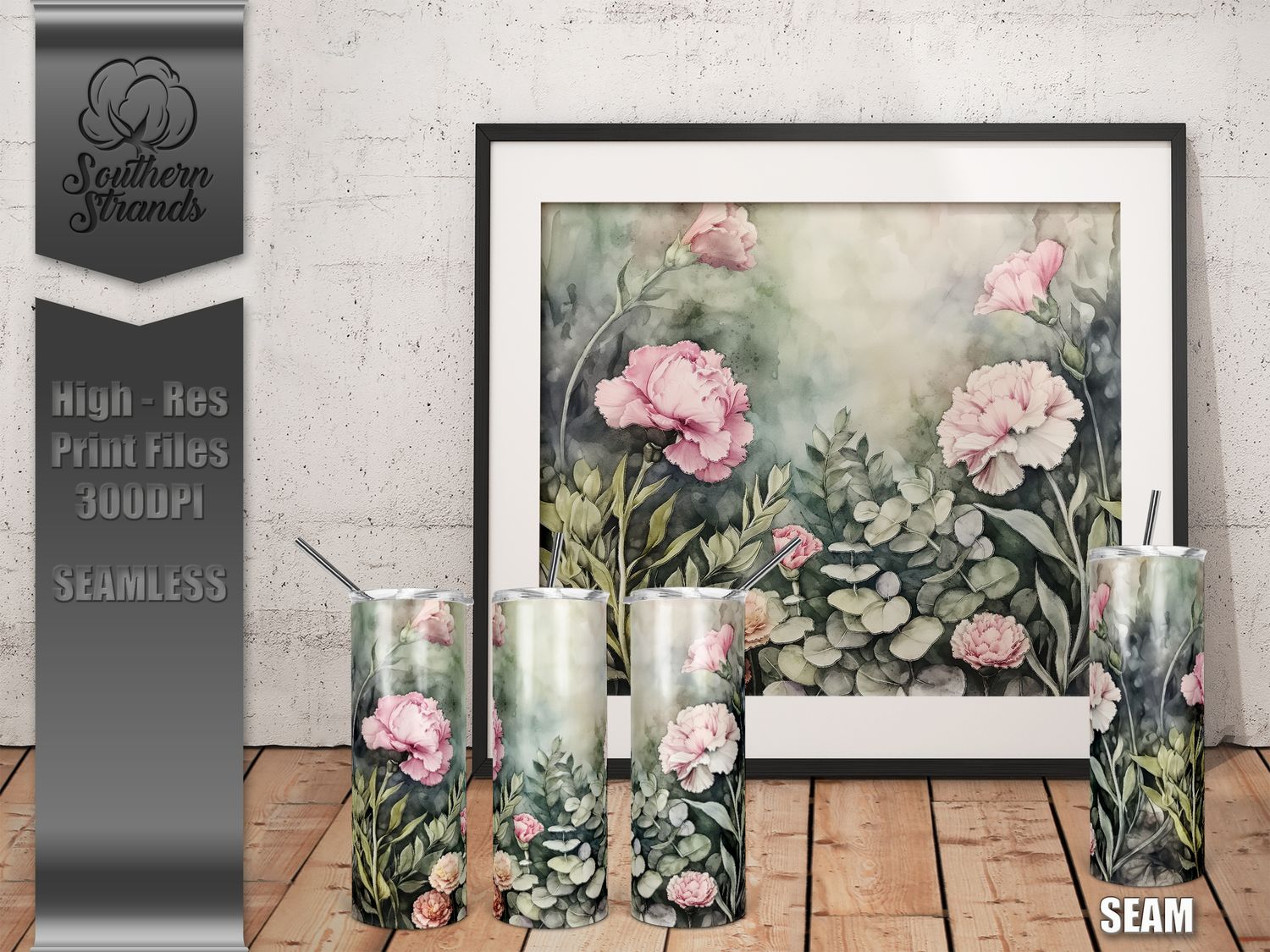 Watercolor Flowers - Carnations - Tumbler 20oz | SEAMLESS |  DIGITAL DESIGN