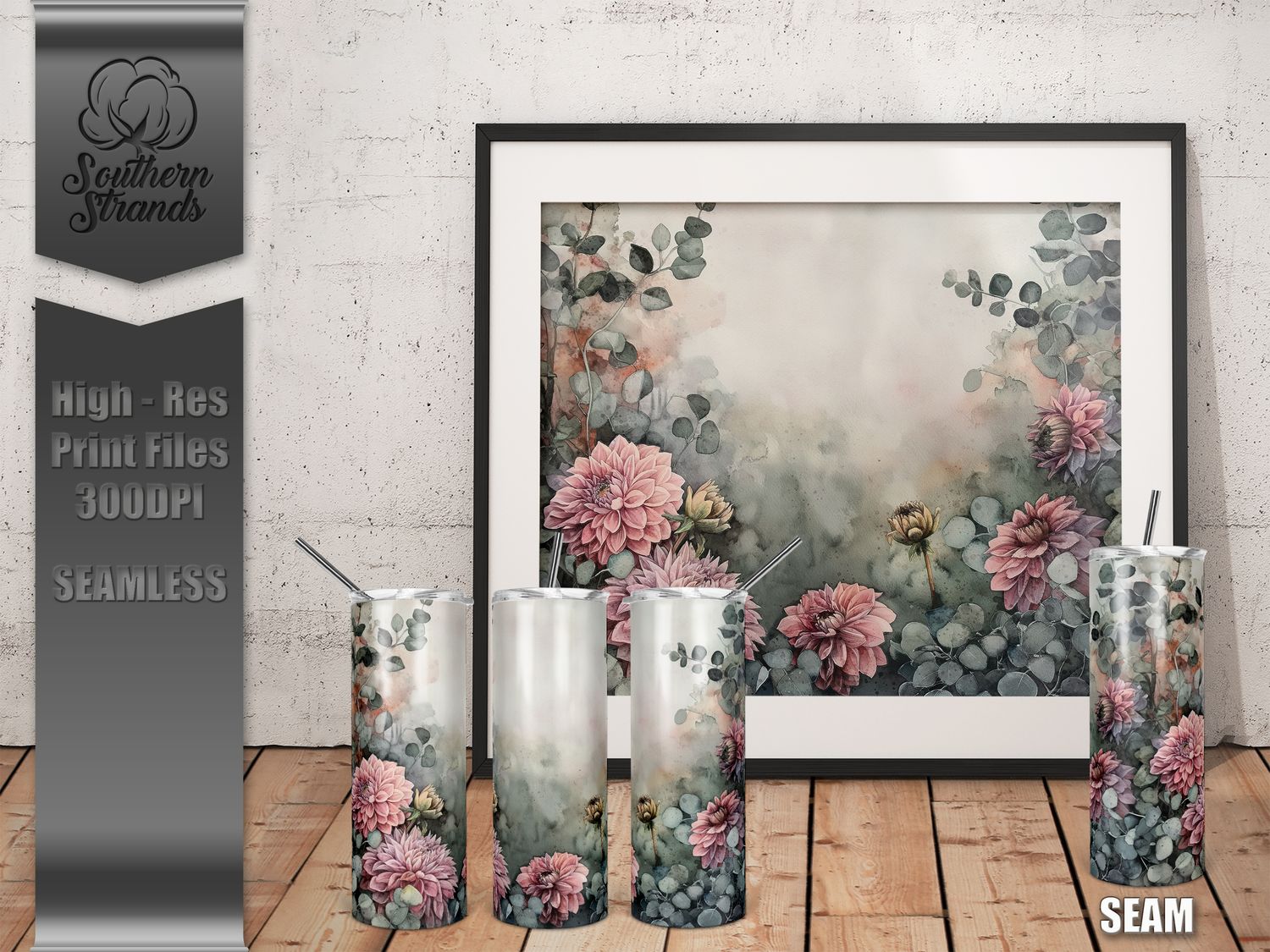 Watercolor Flowers - Dahlias - Tumbler 20oz | SEAMLESS |  DIGITAL DESIGN