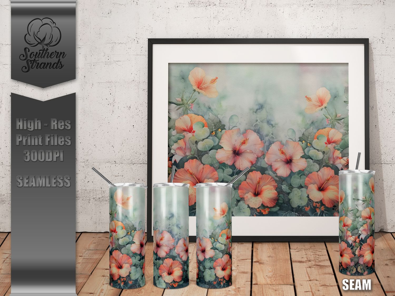 Watercolor Flowers - Hibiscus - Tumbler 20oz | SEAMLESS |  DIGITAL DESIGN